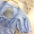 蓝色法式褶皱收腰泡泡袖公主裙